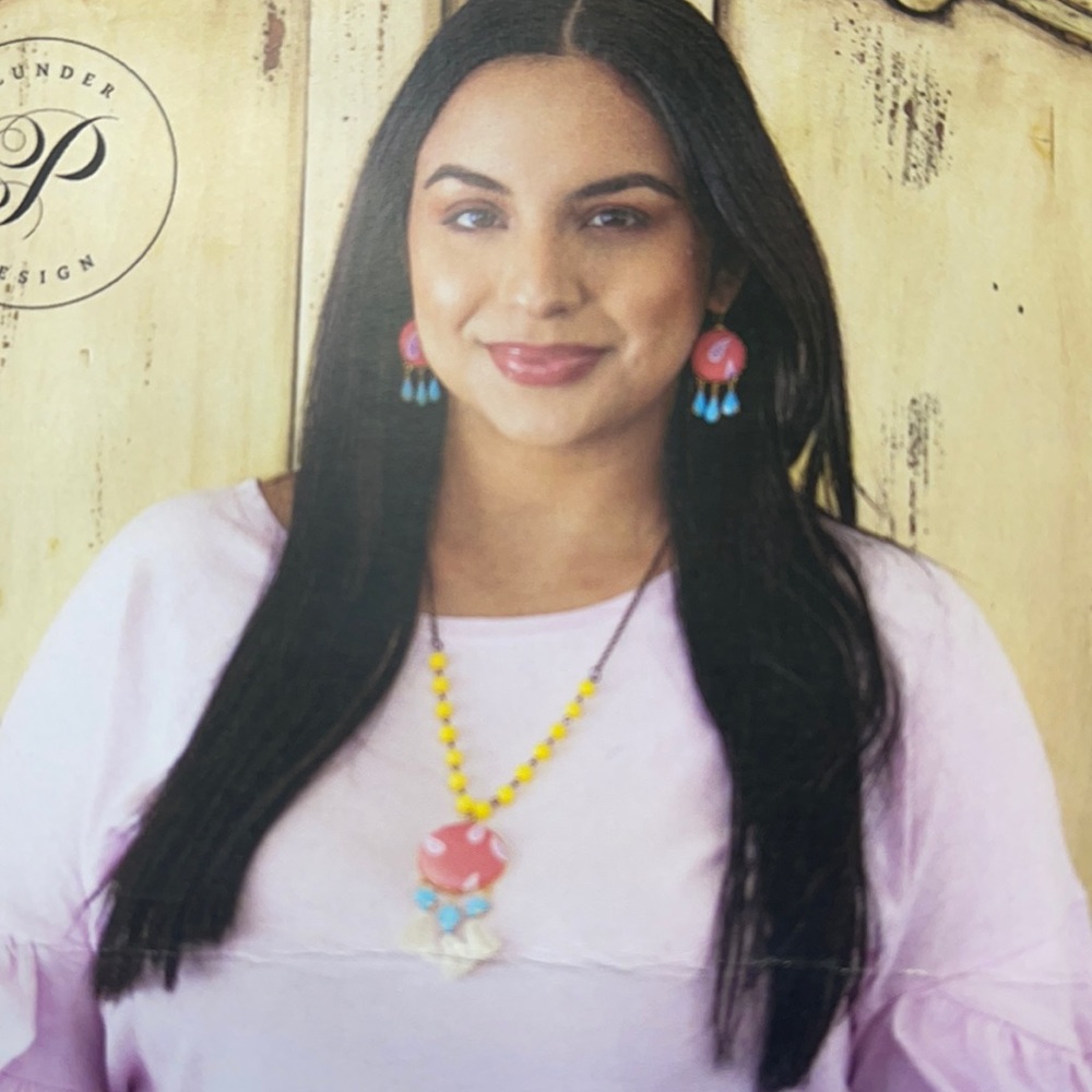 Plunder June Posse salmon fabric earrings and necklace.